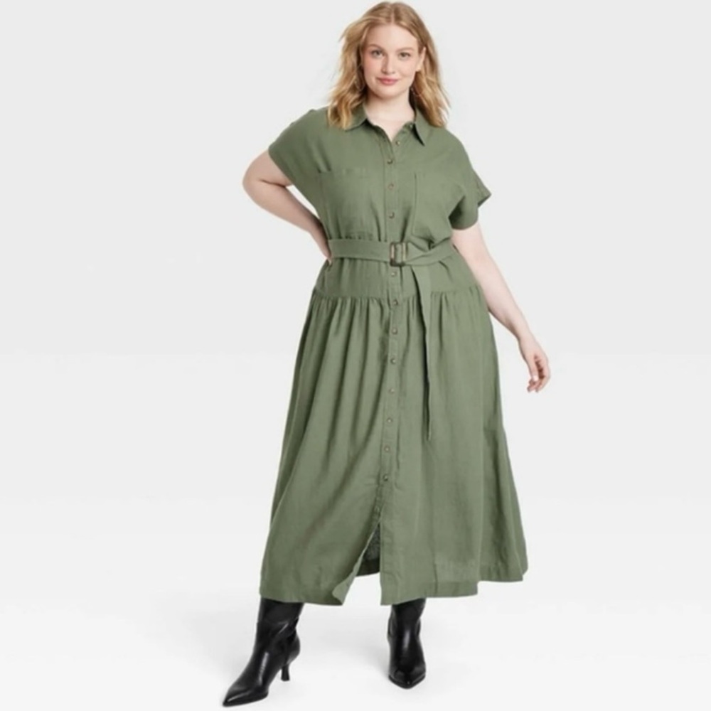 Universal Thread Green Pocket Button Down Midi Linen Dress Size XXL